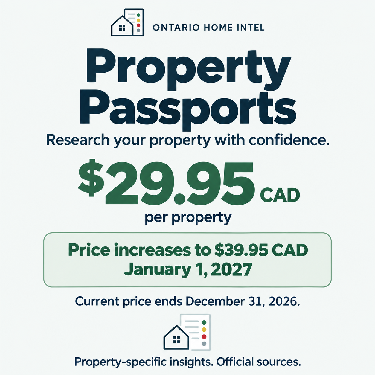 Property Passports: $29.95 CAD through December 31, 2026; $39.95 CAD from January 1, 2027